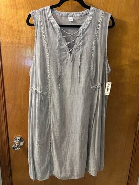 NWT Old Navy White & Navy Striped Sleeveless Lace-Up Dress- XL